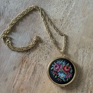 Petit Need point Embroidered  Gold Floral Pendant Necklace